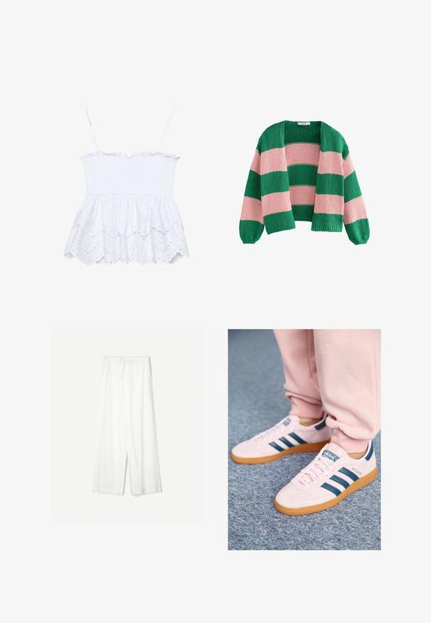 Grøn- og pinkstribet strikket cardigan med løs pasform, åben front og lange ærmer. Teksturen er chunky og åndbar.; Hvid ærmeløs top med smocket liv, flæsekant og øjenlåse detaljer, der har et tekstureret, åndbart stof og udskæringer i blomstermønster.; Hvide bukser med brede ben og snøre i taljen, vist imod en ensfarvet baggrund, som fremhæver deres afslappede stil og stoftekstur.; Lyserøde ruskindsneakers med mørkeblå læderstriber og gummisål. Funktioner inkluderer flade snørebånd og branding på siden og tungen.
