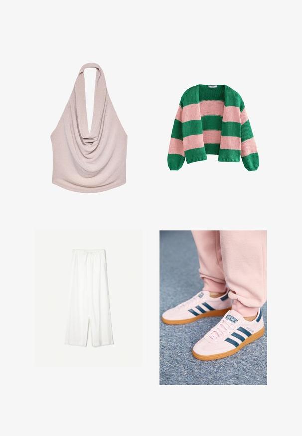 Groen en roze gestreepte gebreide cardigan met een losse pasvorm, open voorkant en lange mouwen. De textuur is chunky en ademend.; Gedrapeerde haltertop in lichtbeige breiwerk, met een diepe halslijn en een vloeiende silhouet met een soepele textuur.; Witte wijde broek met een trekkoord in de taille, weergegeven tegen een effen achtergrond, wat de ontspannen stijl en de textuur van de stof benadrukt.; Lichtroze suede sneakers met donkerblauwe leren strepen en een gumzool. Kenmerken zijn platte veters en branding aan de zijkant en op de tong.