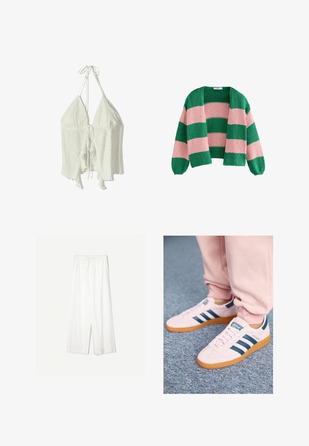 Zielono-różowy sweter robiony na drutach w paski, o luźnym kroju, z otwartym przodem i długimi rękawami. Tekstura jest gruba i przewiewna.; Biały stanik halter z teksturowanej, pomarszczonej tkaniny. Posiada dwa trójkątne miseczki oraz falbaniaste krawędzie z regulowanymi sznurkami przy dekolcie i z tyłu.; Białe spodnie szerokie w nogawkach z regulowanym paskiem w talii, pokazane na jednolitym tle, podkreślające ich luźny styl i fakturę materiału.; Jasnoróżowe zamszowe sneakersy z ciemnoniebieskimi skórzanymi paskami i gumową podeszwą. Cechy to płaskie sznurowadła oraz logo na boku i języku.