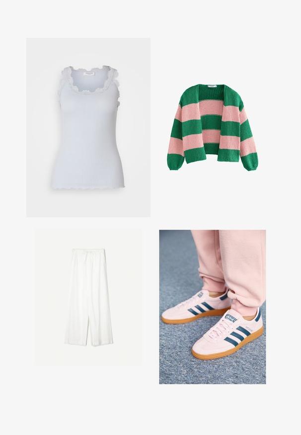 Cardigan tricotat cu dungi verzi și roz, cu un croi lejer, deschis în față și cu mâneci lungi. Textura este groasă și respirabilă.; Top din bumbac de culoare albastru deschis, cu nervuri, având dantelă cu margine ondulată la gât și la brațe. Design ajustat, cu o textură netedă și fără închideri vizibile.; Pantaloni albi cu picioare largi și curea de ajustare la talie, prezentați pe un fundal simplu, subliniind stilul lor relaxat și textura materialului.; Sneakers din suede roz deschis cu dungi din piele albastru închis și o talpă gumară. Caracteristicile includ șireturi plate și branding pe lateral și pe limbă.