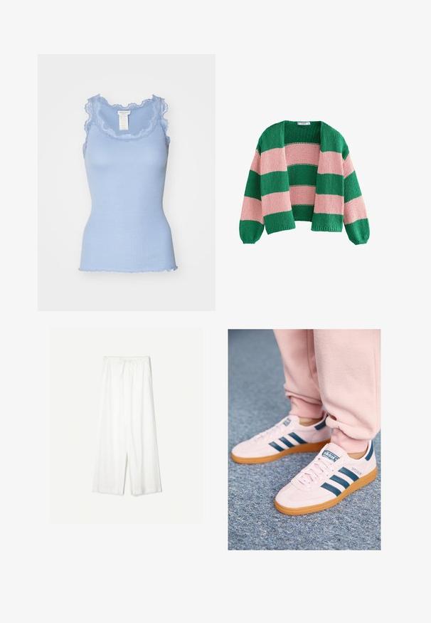 Grön och rosa randig stickad cardigan med lös passform, öppen fram och långa ärmar. Texturen är grov och andas.; Ljusblå ribbad linne med spetsdetaljer vid halsringning och ärmhål; volangkanter och åtsittande silhuett. Tagg synlig på baksidan.; Vita vida byxor med dragsko i midjan, visade mot en enkel bakgrund, vilket betonar deras avslappnade stil och tygtextur.; Ljust rosa mockaskor med mörkblå läderremsor och en gummisula. Funktioner inkluderar platta snören och märkning på sidan och tungan.