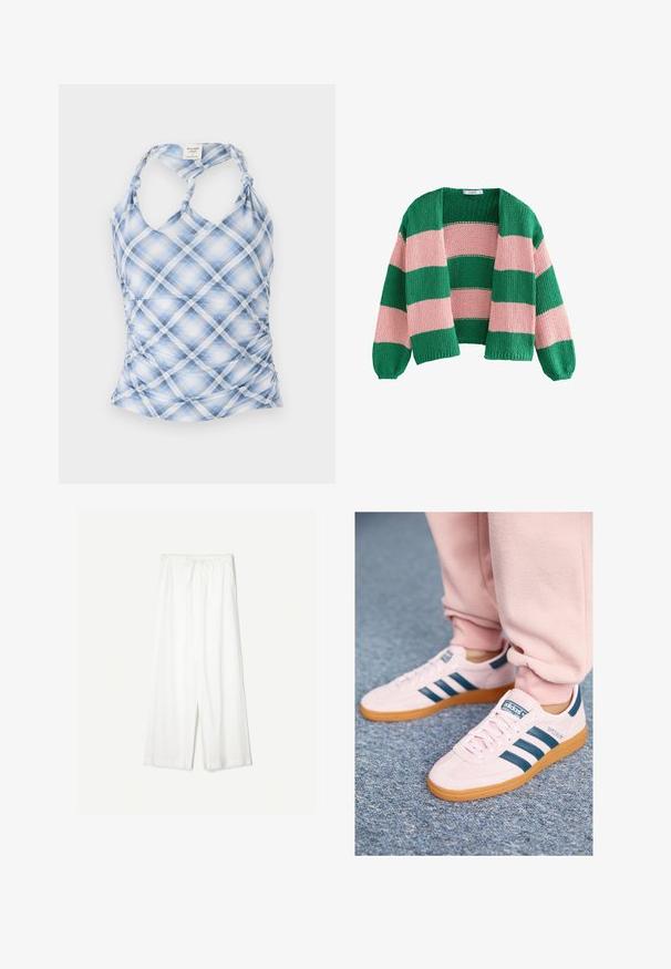 Zöld és rózsaszín csíkos kötött kardigán, laza fit, nyitott elülső résszel és hosszú ujjakkal. A textúrája vastag és lélegző.; Kék és fehér kockás pánt nélküli felső, hátul nyakba köthető, ráncolt oldalakkal és csomózott pántokkal. Könnyű, texturélt anyagból készült.; Fehér, laza szabású, gumis derekú nadrág, sima háttér előtt bemutatva, kiemelve az ellazult stílusát és az anyag textúráját.; Világos rózsaszín velúr sportcipők sötétkék bőr csíkokkal és gumi talppal. Jellemzői közé tartozik a lapos fűző és a márkázás az oldalon és a nyelvén.