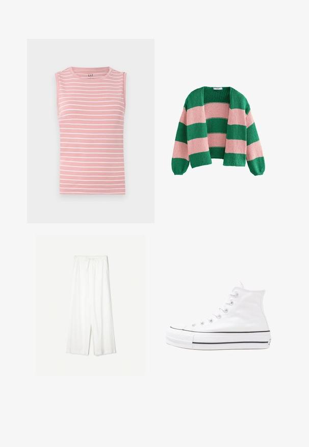 Zeleni in rožnati progasti pleteni kardigan z ohlapnim krojem, odprtim sprednjim delom in dolgimi rokavi. Tekstura je groba in zračna.; Majica brez rokavov v roza barvi z vodoravnimi belimi črtami, okroglo izrezom in mehkim bombažnim materialom. Preprost dizajn, brez dodatnih okrasnih elementov.; Bele široke hlače s elastiko v pasu, prikazane na enobarvni podlagi, kar poudarja njihov sproščen slog in teksturo tkanine.; Beli visoki platneni športni čevelj z črnim gumijastim podplatom, sprednjim gumijastim zaščitnikom za prste in šestimi luknjicami za vezalke, ki se ponaša s preprostim, minimalističnim dizajnom.