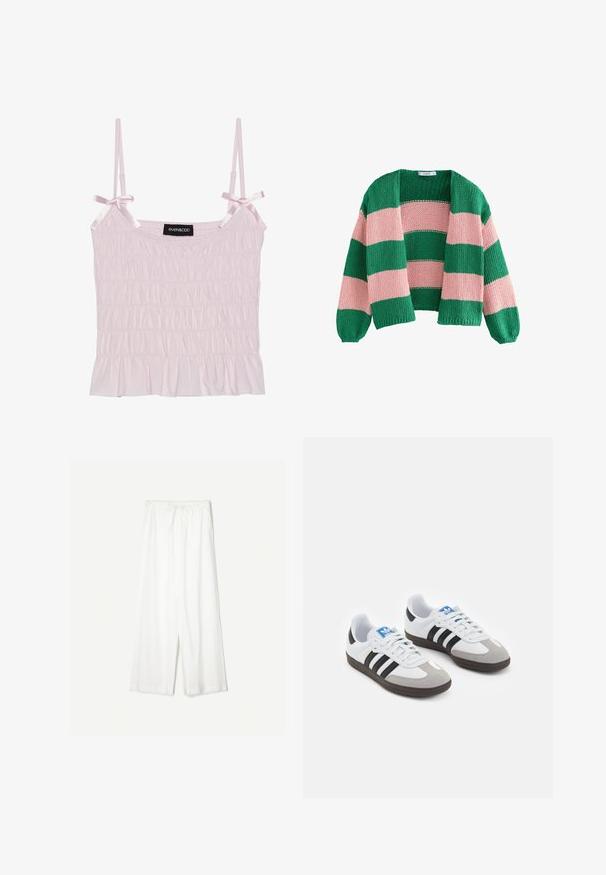 Vihreä ja vaaleanpunainen raidallinen neulecardigan, jossa on löysä istuvuus, avonainen etuosa ja pitkät hihat. Materiaali on paksua ja hengittävää.; Vaaleanpunaista sävyä oleva toppi, jossa on säädettävät satiinivedokset ja ryppyinen pinta. Toppissa on röyhelöhelma ja brändilogo keskellä.; Valkoiset leveät housut, joissa on nauhavyötärö, esiteltyinä yksinkertaista taustaa vasten, korostaen niiden rentoa tyyliä ja kankaan rakennetta.; Urheilukengät, joissa on valkoinen nahkainen päällinen, harmaa mokkanokka ja kolme mustaa raitaa. Ominaisuuksina sininen logo kielekkeessä ja kuvioitu kumipohja.