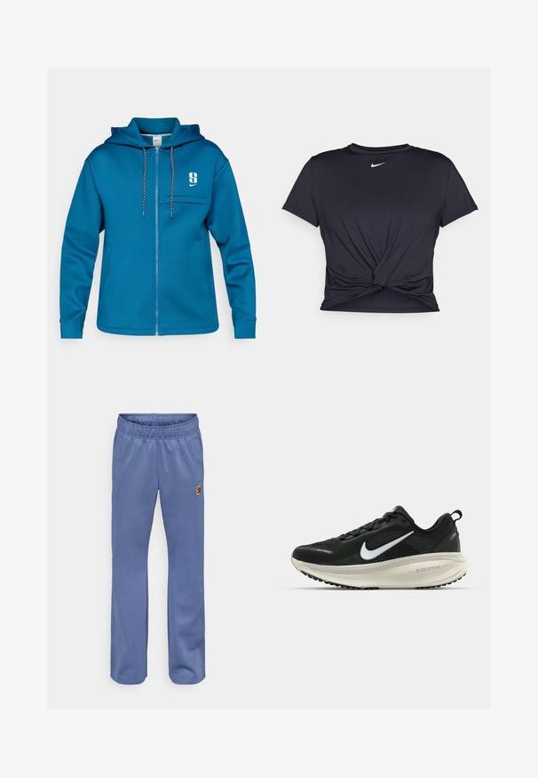 Kék cipzáras kapucnis pulóver, amely puha anyagból készült. Elöl zsebbel, állítható húzózsinórral ellátott kapucnival és logóval a bal mellrészen.; Fekete sportpóló sima anyagból, elöl megkötős dizájnnal, a mellkason egy kis fehér Nike logóval.; Kék melegítőnadrág, rugalmas derékrésszel, oldalsó zsebekkel és egy kis, színes logóval a bal zsebnél. Puha szövettextúra.; Fekete Nike futócipő légáteresztő hálós felsőrésszel, fehér Swoosh logóval, textúrázott részletekkel és krém színű ZoomX középtalppal.