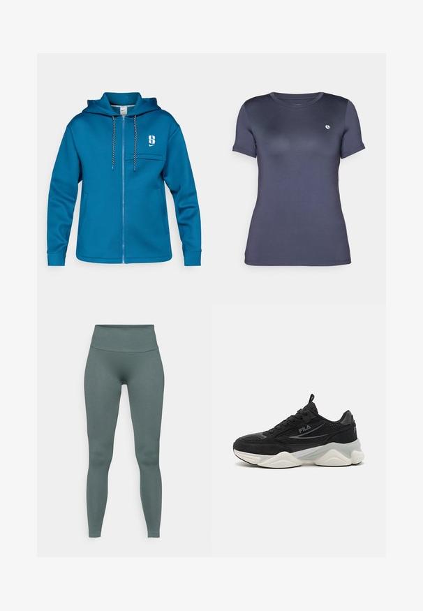 Niebieska bluza z kapturem na zamek, wykonana z miękkiego materiału. Posiada przednią kieszeń, regulowany ściągacz w kapturze oraz logo na lewej piersi.; Granatowa koszulka z krótkim rękawem, wykonana z gładkiego, elastycznego materiału. Posiada małe białe logo na lewej piersi. Klasyczny fason z okrągłym dekoltem.; Prążkowane zielone legginsy z wysokim stanem, charakteryzujące się gładką fakturą i dopasowanym krojem, który sięga do kostek.; Czarne sneakersy wykonane z siateczki i zamszu, z grubą podeszwą, zaokrąglonym kształtem, subtelnymi szaro-skalnymi akcentami i logo marki po boku.