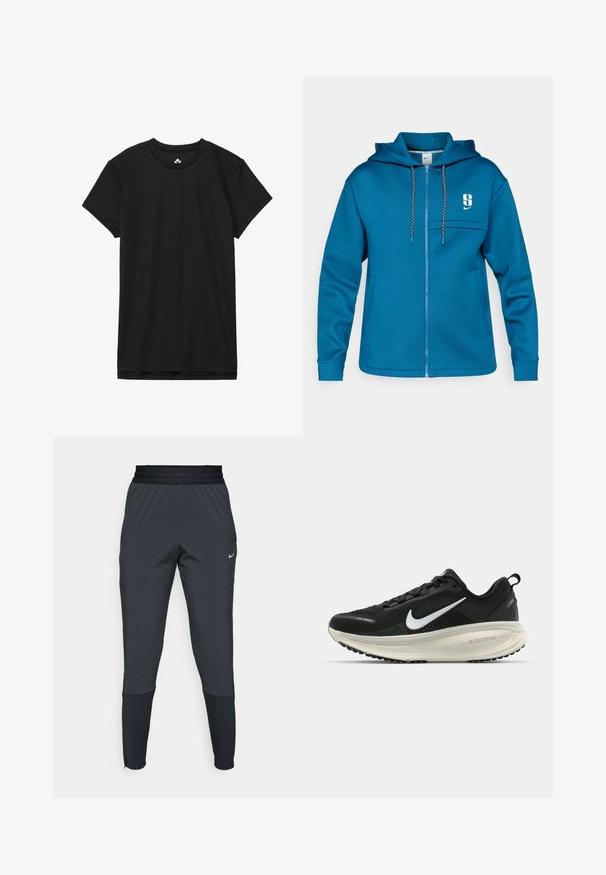 Niebieska bluza z kapturem na zamek, wykonana z miękkiego materiału. Posiada przednią kieszeń, regulowany ściągacz w kapturze oraz logo na lewej piersi.; Czarny t-shirt z krótkim rękawem, wykonany z miękkiego materiału, z okrągłym dekoltem i standardowym krojem. Brak widocznych wzorów lub akcentów.; Spodnie sportowe Nike w ciemnoszarym kolorze, z tapered leg design, elastycznym paskiem w talii oraz akcentami przy nogawkach.; Czarna biegowa półbut z oddychającej siateczki, białym logo swoosh, teksturowanymi detalami oraz kremową podeszwą środkową ZoomX.