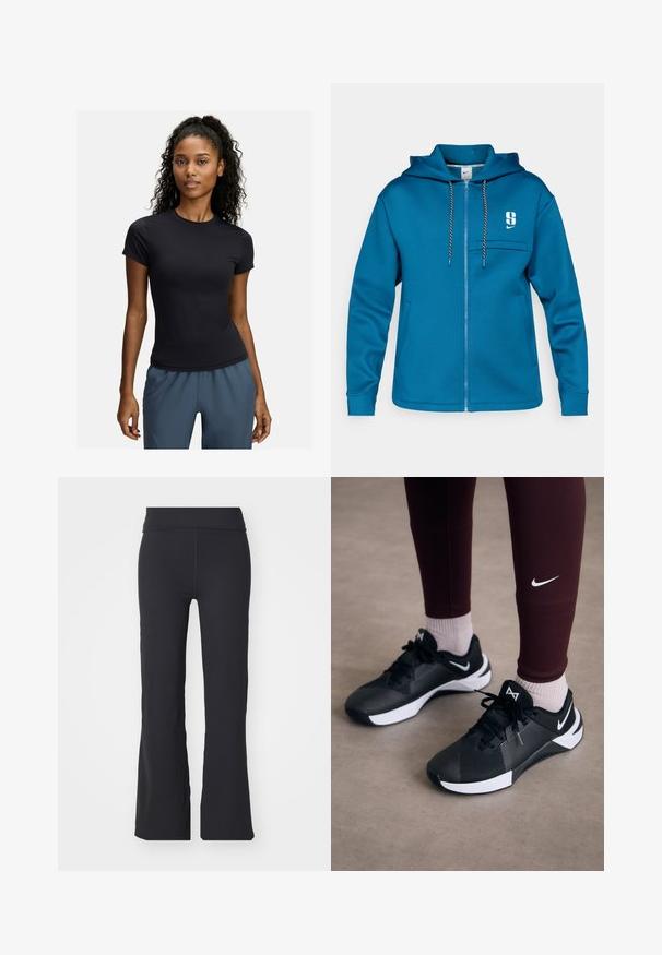 Sininen vetoketjullinen huppari, joka on valmistettu pehmeästä kankaasta. Sillä on etutasku, säädettävä nyörikuvioitu huppu ja logo vasemmassa rinnassa.; Musta lyhythihainen urheilupaita, joka on valmistettu joustavasta kankaasta, pyöreä kaula-aukko ja vartalonmyötäinen muotoilu, yhdistetty harmaisiin urheiluhousuihin.; Mustat levenevät housut, jotka on valmistettu joustavasta kankaasta ja joissa on korkea vyötärö. Ominaisuuksina puhtaat linjat ja tasainen pinta, sopii arkivaatteeksi.; Mustat urheilukengät, joissa on teksturoitu päällinen ja valkoiset yksityiskohdat, varustettuna nauhoilla ja sivulogolla. Yhdistettynä viininpunaisiin legginsseihin ja vaaleisiin sukkiin.