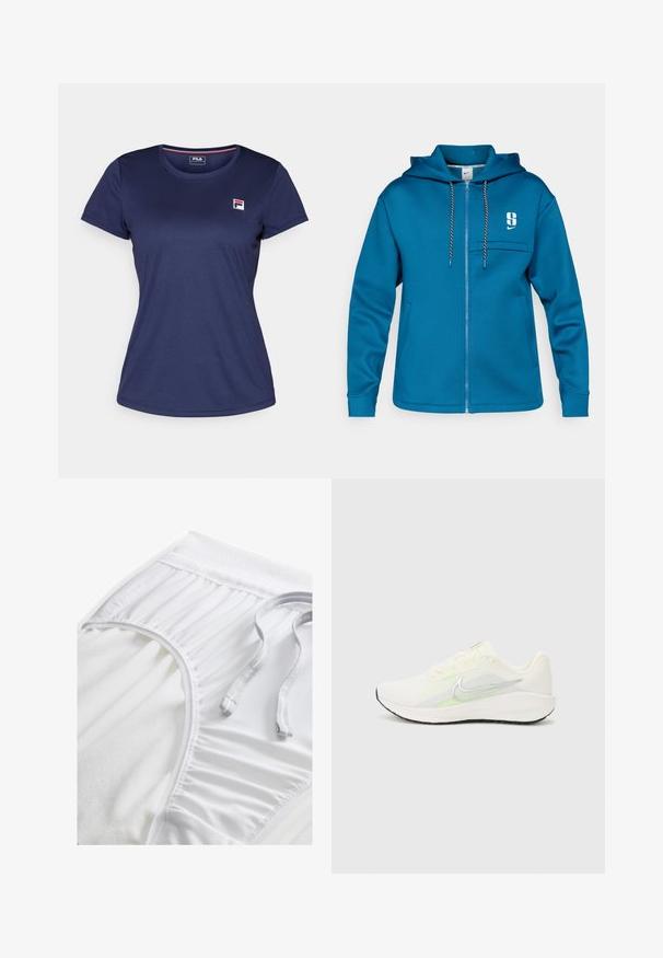 Blå zip-up hættetrøje lavet af blødt stof. Har en forreste lomme, justerbar snøre i hætten og et logo på venstre bryst.; Marineblå kortærmet t-shirt lavet af glat stof, med et lille Fila-logo på venstre bryst. Rund halsudskæring og klassisk pasform.; Hvide atletiske shorts med en tekstureret talje, sammensnørede sideløsninger og en flad snoretræk. Blødt stof med en glat overflade.; Nike Performance DOWNSHIFTER 13 - Løbesko til landevejen - sail/silver-coloured photon dust/summit white/barely volt/black