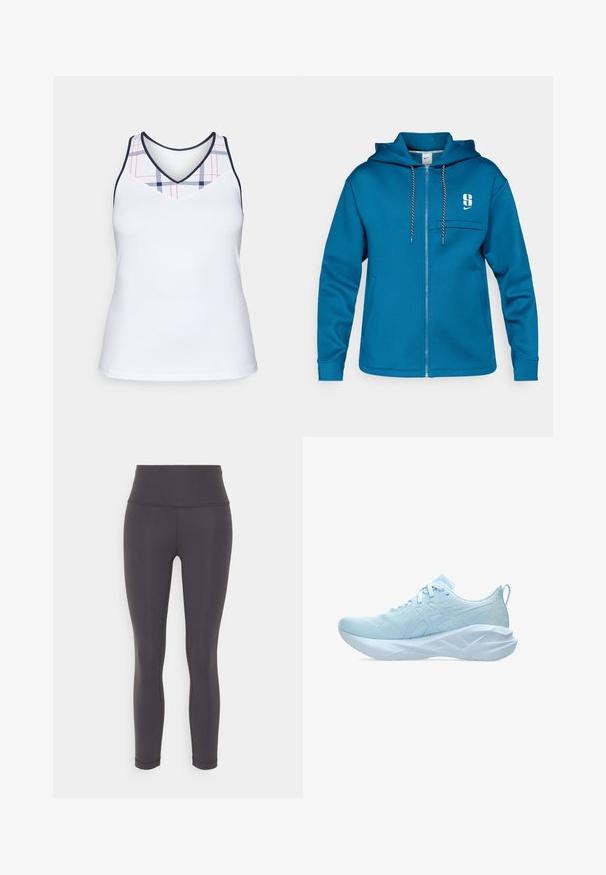 Sinine tõmblukuga kapuutsiga sulejope, mis on valmistatud pehmest kangast. Omab esipocketit, reguleeritavat köit kapuutsi ümber ja logo vasakul rinnal.; Valge sportlik tank top, millel on V-kaelus ja sinise ja punase ruudulise mustriga ülemine osa. Sile ja kerge kangas.; Mustad mustad treeninglegid, mis on valmistatud venivast materjalist, kõrge vöökoha, sujuva silueti ja õmblusteta disainiga ilma mustriteta.; Heledad sinine sportlik jalats, millel on võrgust pealispind, lamedad paelad ja paks, tekstureeritud tallaga, millel on geomeetrilised aktsendid stabiilsuse tagamiseks.