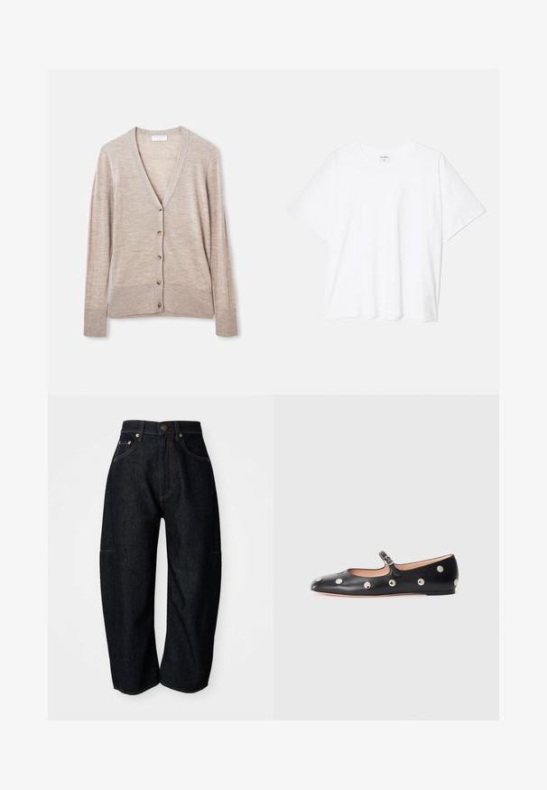 Beige kardiagan i lättstickad tyg, med V-ringning, långa ärmar och sex knappstängningar fram.; Vit bomull t-shirt med kort ärm, rund halsringning, avslappnad passform och söm i nederkant. Etikett synlig på insidan av halsen.; Mörka denimjeans med en avslappnad passform, med subtila orange sömmar, framfickor och en platt midja med knapplåsning.; Svart läder Mary Jane lägenhetssko med rund tå, prydd med silverfärgade cirkulära nitar och ett justerbart band med spänne.