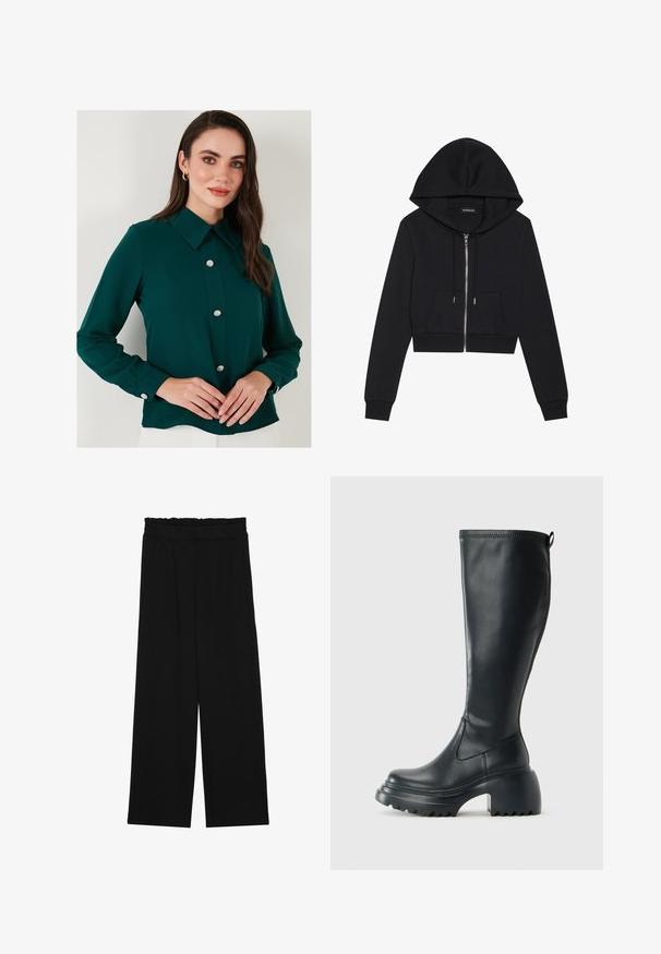 Izgriezta melna kapuce, kas izgatavota no mīkstas kokvilnas, ar priekšējo rāvējslēdzēju, divām kabatām un ribotām piedurknēm ar regulējamu kapuci.; Tumši zaļš blūze ar apkakli, garām piedurknēm un dekoratīvām dārgakmeņu pogām priekšpusē. Gluda auduma ar nedaudz spīdīgu apdari.; Melnas platās bikses ar volangām jostasvietā, ar divām sānu kabatām un gludu, vieglu audumu. Nav redzamu rakstu vai aksesuāru.; Augstas melnas ādas zābakus ar masīvu platformu un bloka papēdi, ar vilkšanas cilpu un strukturētu profilu uz ārējā zoles.