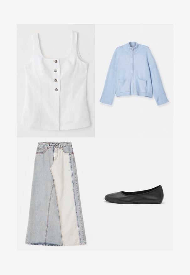 Helles blaues Reißverschluss-Kardigan, weiche Wollmischung, hoher Kragen, gerippte Bündchen, zwei Fronttaschen, lockere Passform und eine glatte Textur.; Weißes Leinenoberteil mit quadratischem Ausschnitt, fünf metallischen Knöpfen vorne und breiten Trägern. Glatte Textur und taillierte Passform.; Jeansrock mit einem Patchwork-Design in hell- und mittelblauen Abschnitten, ausgefransten Säumen und hoher Taille. Klassischer Fünf-Taschen-Stil.; Schwarze Leder-Ballettschuhe mit abgerundeter Spitze, glatter Textur, minimalen Nähdetails und einem flexiblen Sohlen-Design.