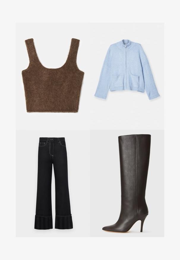 Cardigan cu fermoar de culoare albastru deschis, amestec moale de lână, guler înalt, manșete cu țesătură în relief, două buzunare frontale, croială lejeră și textură netedă.; Top scurt căptușit, de culoare maro, cu bretele late și decolteu rotund. Textură moale și design simplu, fără modele sau embellishments.; Pantaloni evazați negri din denim, cu cusături albe în contrast și un accent din material pătrățos la tiv. Prezintă buzunare frontale.; Botă din piele neagră, până la genunchi, cu vârful ascuțit, design elegant și toc înalt subțire. Textură netedă și detalii minime.