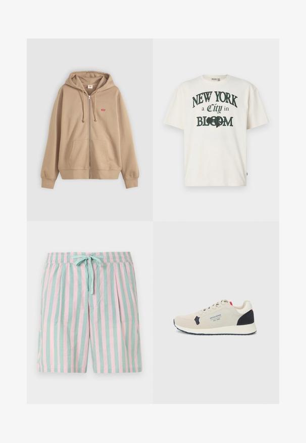 Hanorac bej cu fermoar, din material din bumbac, cu glugă ajustabilă prin șnur, cu buzunare frontale, mic logo roșu pe piept, mâneci și tiv cu model côtelé.; Tricou din bumbac de culoare crem, cu mâneci scurte, având un design imprimat care spune "NEW YORK, un Oraș în FLORĂ" în verde închis.; Pantaloni scurți ușori cu dungi, având dungi verticale alternative de culoare teal și roz, un brâu elastic și un detaliu cu fundă în față.; Încălțăminte sport bej cu un superior din nubuc și textil, accente bleu închis pe călcâi și talpă, și șireturi în față cu detaliu logo.