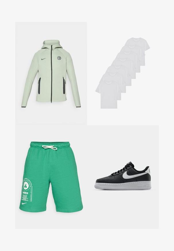 Lys grøn hettegenser med glidelås, med et sirkulært Chelsea FC-logo, svarte detaljer og to frontlommer med glidelås.; Hvite bomulls T-skjorter, korte ermer, rund hals-design, enkel tekstur, stablet i en rekke, med subtil merking ved halsen.; Grønne shorts i bomullsblanding med elastisk midje og snøring. Har et hvitt Boston Celtics-trykk på venstre bein.; Svart lær sneakers med teksturert overflate, hvit Nike swoosh, grå såle, rund tå og snøredesign. Har perforeringer på tåboksen.