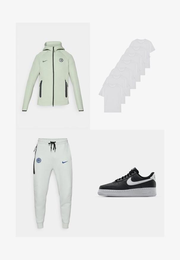 Lys grøn hettegenser med glidelås, med et sirkulært Chelsea FC-logo, svarte detaljer og to frontlommer med glidelås.; Hvite bomulls T-skjorter, korte ermer, rund hals-design, enkel tekstur, stablet i en rekke, med subtil merking ved halsen.; Lys grå joggebukser laget av mykt stoff, med en svart lomme, blå logo-patcher, justerbar snøring i midjen og tettsittende mansjetter.; Svart lær sneakers med teksturert overflate, hvit Nike swoosh, grå såle, rund tå og snøredesign. Har perforeringer på tåboksen.