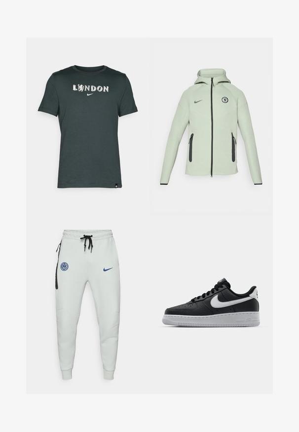 Gaiši zaļš kapucis ar rāvējslēdzēju, ar apļveida Chelsea FC logo, melnām detaļām un divām priekšējām kabatām ar rāvējslēdzējiem.; Tumši zaļš kokvilnas T-krekls ar uzrakstu "LONDON" un lauva grafiku, ar Nike simbolu. īsas piedurknes un apaļa dekoltē forma.; Gai pelēki sporta bikses, izgatavotas no mīksta auduma, ar melnu akcentu kabatu, ziliem logo uzšuvumiem, regulējamu auklu jostasvietu un pieguļošiem piedurkņu galiem.; Melna ādas sporta apavi ar teksturētu virsmu, balta Nike swoosh zīme, pelēks zole, apaļa pirksta daļa un saistējs dizains. Iekļautas perforācijas uz pirksta kastes.