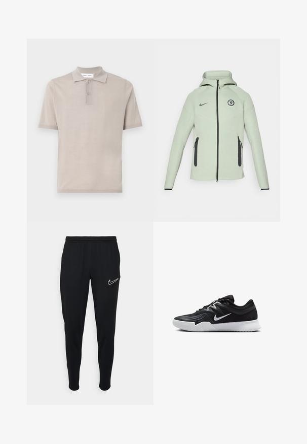 Lichtgroene hoodie met een ritssluiting, voorzien van een cirkelvormig Chelsea FC-logo, zwarte accenten en twee voorzakken met rits.; Korte mouwen polo in lichtbeige katoen, met een klassieke kraag, twee-knopen sluiting en een gladde, gestructureerde afwerking.; Zwarte sport joggers met een elastische tailleband, slim fit en een wit Nike-logo aan de linkerkant. Zachte stof met een gladde textuur.; Zwarte sportieve schoen met een gestructureerde bovenkant, witte Nike swoosh en een witte rubberen zool. Beschikt over een veterontwerp en een dynamische vorm.