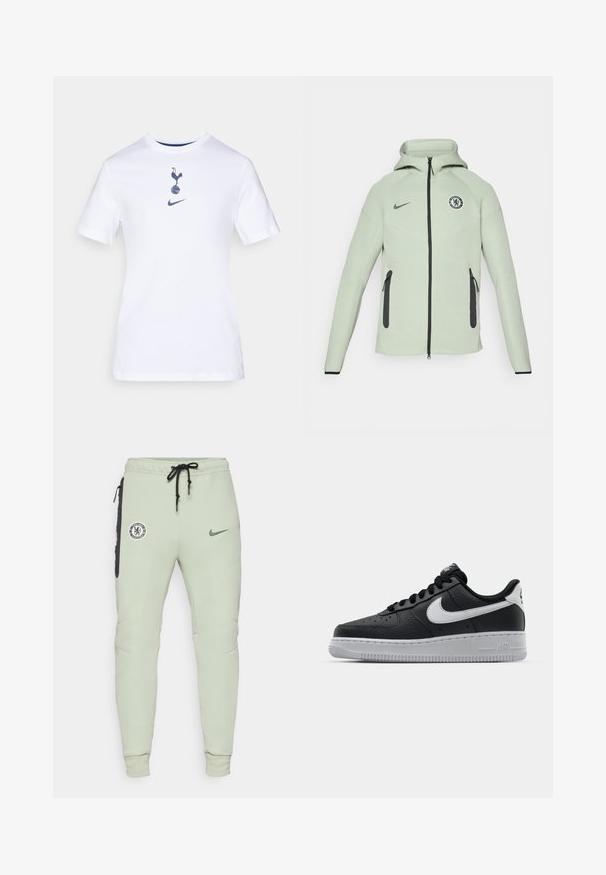 Hellgrüner Hoodie mit Reißverschluss, ausgestattet mit einem runden Chelsea FC-Logo, schwarzen Akzenten und zwei vorderen Reißverschluss-Taschen.; Weißes Baumwoll-T-Shirt mit rundem Ausschnitt, das ein marineblaues Grafikdesign eines Hahns auf einem Fußball sowie ein Nike-Logo darunter zeigt.; Hellgrüne Jogginghose mit taillierter Passform, versehen mit dem Chelsea FC-Logo und dem Nike-Swoosh, seitlichen Taschen mit schwarzen Akzenten und elastischen Bündchen.; Schwarze Ledersneaker mit strukturierten Oberflächen, weißem Nike-Swoosh, grauer Sohle, runder Zehenpartie und Schnürdesign. Verfügt über Perforationen an der Zehenbox.
