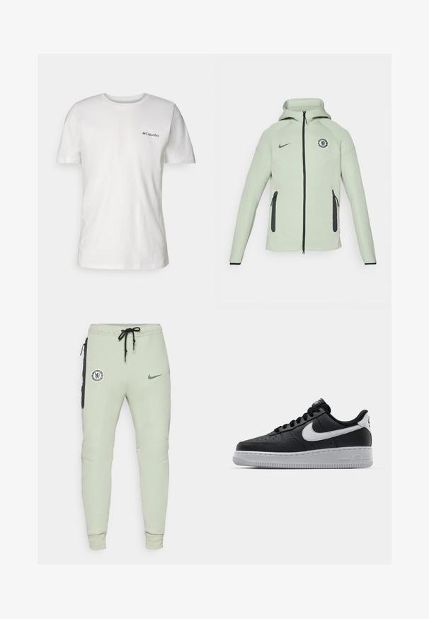 Svetle zelená mikina s kapucí na zip, s kulatým logem Chelsea FC, černými detaily a dvěma předními kapsami na zip.; Columbia RAPID RIDGE™ BACK GRAPHIC TEE - Triko s potiskem - white; Světle zelené tepláky s přiléhavým střihem, které mají logo Chelsea FC a symbol Nike, postranní kapsy s černými akcenty a elastické manžety.; Černé kožené tenisky s texturovaným povrchem, bílým logem Nike, šedou podrážkou, kulatou špičkou a designem na šněrování. Obsahují perforace na špičce.