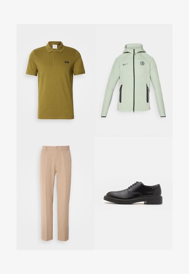 Hoodie vert clair avec fermeture éclair, arborant un logo circulaire de Chelsea FC, des accents noirs et deux poches avant zippées.; Polo shirt vert olive en coton doux. Dispose d'un col classique, de deux boutons et d'un petit logo de la marque sur la poitrine gauche. Manches courtes.; Pantalons beiges en tissu lisse, présentant une coupe droite, une fermeture à bouton à l'avant et des détails de plis discrets sur le devant.; Chaussure noire en cuir à lacets avec un embout arrondi, texture lisse, piqures minimales et un petit talon en caoutchouc. Logo sur le talon.