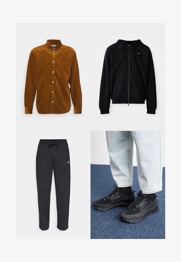 Hoodie preto com fecho éclair, feito de tecido macio, com capuz ajustável, mangas longas, bolso canguru na frente e pequeno logotipo branco no peito.; Carhartt WIP MADISON SHIRT - Camisa - tawny; Calças de treino pretas feitas de tecido suave, com faixa elástica na cintura, cordão regulador e um pequeno logótipo da Nike na coxa esquerda.; Sapatilhas desportivas pretas com tecido texturizado e solas em borracha, apresentando atacadores elásticos e um detalhe azul no calcanhar. Usadas com calças de ganga claras.