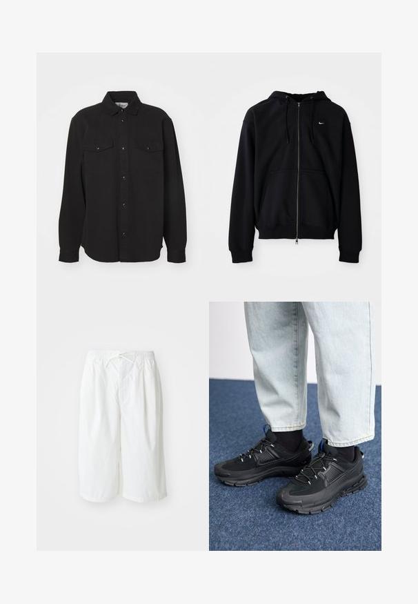 Hoodie preto com fecho éclair, feito de tecido macio, com capuz ajustável, mangas longas, bolso canguru na frente e pequeno logotipo branco no peito.; Camisa preta de manga longa, em tecido de algodão, com colarinho pontudo, fecho frontal com botões, dois bolsos no peito com botões de pressão, barra reta, ajuste folgado.; Calções brancos com cintura elástica e cordão, apresentados sobre um fundo claro e liso. Adequados para usar de forma casual ou em climas quentes.; Sapatilhas desportivas pretas com tecido texturizado e solas em borracha, apresentando atacadores elásticos e um detalhe azul no calcanhar. Usadas com calças de ganga claras.
