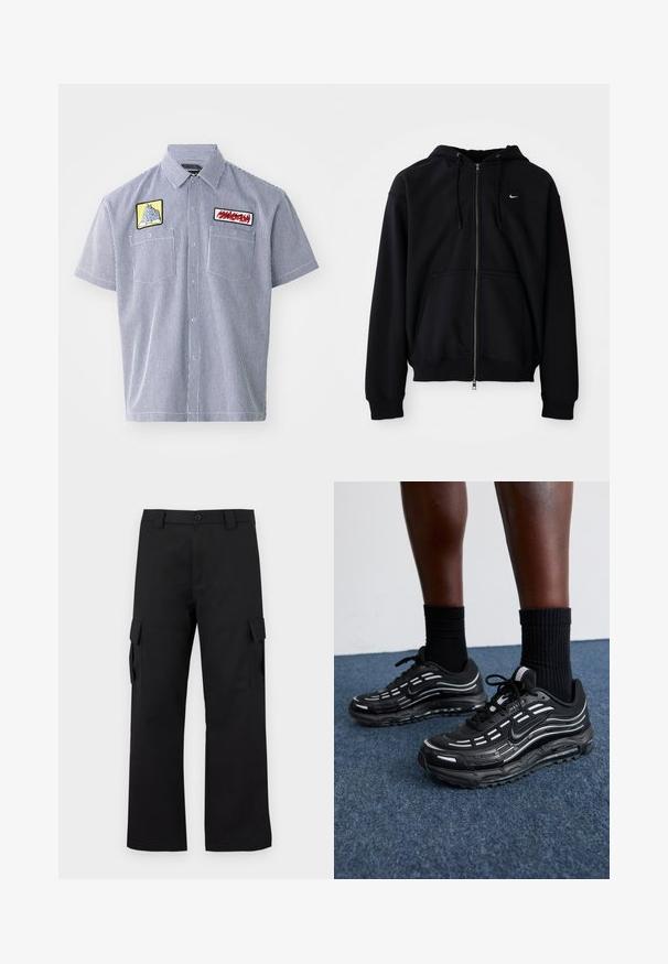 Črna zip-up kapuca izdelana iz mehkega materiala, ki ima kapuco z vrvico, dolge rokave, sprednji kenguru žep in majhen bel logo na prsih.; Kratek rokav, srajca s ovratnikom v mornarsko modri in beli črtasti tkanini. Značilnost sta dva vezenina na prsih in zapenjanje s gumbi.; Nike črna bombažna majica z klasičnim okroglim izrezom, kratkimi rokavi in subtilnim, vtisnjenim logotipom na prsih. Gladka tekstura.; Črne cargo hlače s ravnim krojem. Narejene so iz trpežnega materiala in imajo dve stranski žepi s poklopcem ter gumbasto zaponko.; Črne Nike čevlje imajo mrežasto zgornji del z naglasnimi črtami, teksturirane vezalke in črn gumijast podplat. Nosijo se s črnimi rebrastimi nogavicami.