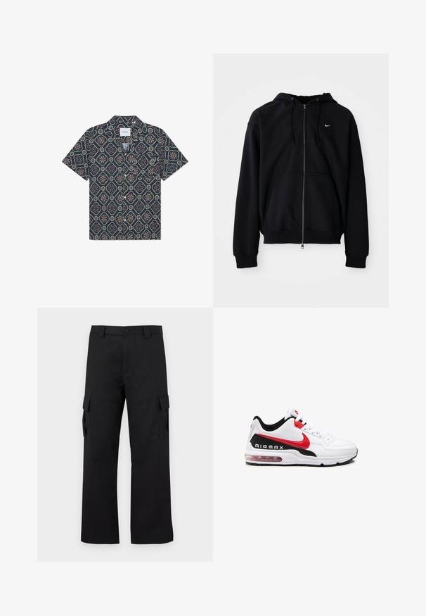 Felpa nera con zip realizzata in tessuto morbido, dotata di cappuccio regolabile con cordini, maniche lunghe, tasca a marsupio frontale e piccolo logo bianco sul petto.; Camicia a maniche corte con un tessuto blu scuro e un motivo floreale geometrico dai colori vivaci, con chiusura a bottoni e colletto rilassato.; Pantaloni cargo neri con design a gamba dritta. Realizzati in tessuto resistente, dotati di due tasche laterali con chiusura a pattina e chiusura con bottone.; Scarpa sportiva bianca con accenti neri e rossi, caratterizzata da una tomaia in pelle liscia, chiusura con lacci e ammortizzazione d'aria visibile nella suola.