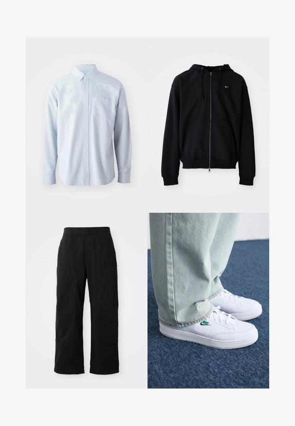 Črna zip-up kapuca izdelana iz mehkega materiala, ki ima kapuco z vrvico, dolge rokave, sprednji kenguru žep in majhen bel logo na prsih.; Svijetloplava košulja dugih rukava od pamuka. Ima ovratnik na dugmad, prednje dugme i džep na prsima s lijeve strane.; Črne bombažne hlače z elastičnim pasom, širokim krojem in velikimi stranskimi žepi. Tkanina se zdi mehka s gladko teksturo.; Bela usnjena športna obutev z zelenim Nike logotipom, okrogla konica, ravna podplat, v kombinaciji z svetlo modrimi kavbojkami, prikazana na modrem preprogu.