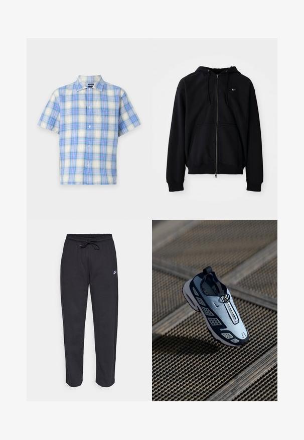 Schwarze Zip-Hoodie aus weichem Stoff, mit einer verstellbaren Kapuze, langen Ärmeln, einer vorderen Kängurutasche und kleinem weißen Logo auf der Brust.; Kurzarmshirt aus leichtem Stoff mit einem blau-weißen Karomuster und zarten rosa Akzenten. Beinhaltet eine Brusttasche und Knöpfe.; Schwarze Sweatpants aus weichem Stoff mit elastischem Bund, Kordelzug und kleinem Nike-Logo auf dem linken Oberschenkel.; Der Nike Sneaker zeichnet sich durch ein Slip-On-Design mit hellblauem Obermaterial, schwarzen Akzenten und durchlüfteten Seitenpaneelen aus. Er hat eine abgerundete Zehenpartie und eine strukturierte Sohle.