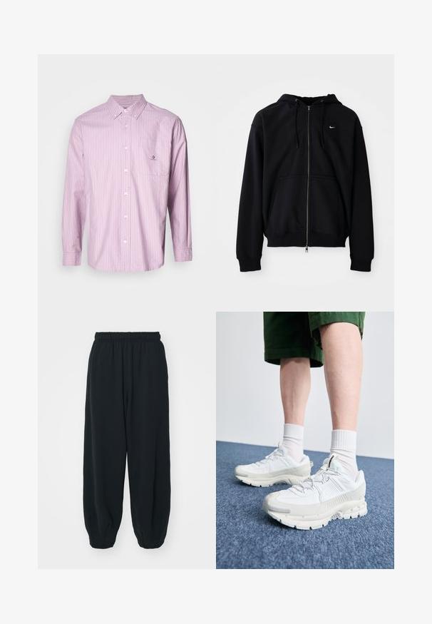 Juodas zip-up gobtuvėlis, pagamintas iš minkštos medžiagos, turintis raišteliu reguliuojamą gobtuvą, ilgomis rankovėmis, priekinę kengūros kišenę ir mažą baltą logotipą ant krūtinės.; Šviesiai rožinės spalvos ilgomis rankovėmis mygtukų marškiniai su vertikaliomis baltomis juostelėmis, pagaminti iš medvilnės, su apykakle, priekinė kišenė ir logotipo detalė ant kišenės.; Juodi, su elastiniu juosmeniu sportiniai kelnės su laisvu siluetu, suapvalintais kulkšnimis, lygia tekstūra ir be matomų raštų ar metalinių akcentų.; Baltos sportinės bateliai su tekstūruotais uždengimais, masyviu padu ir pilkais akcentais. Dėvimi su baltais trumpais kojiniais ir žaliais šortais mėlyname paviršiuje.