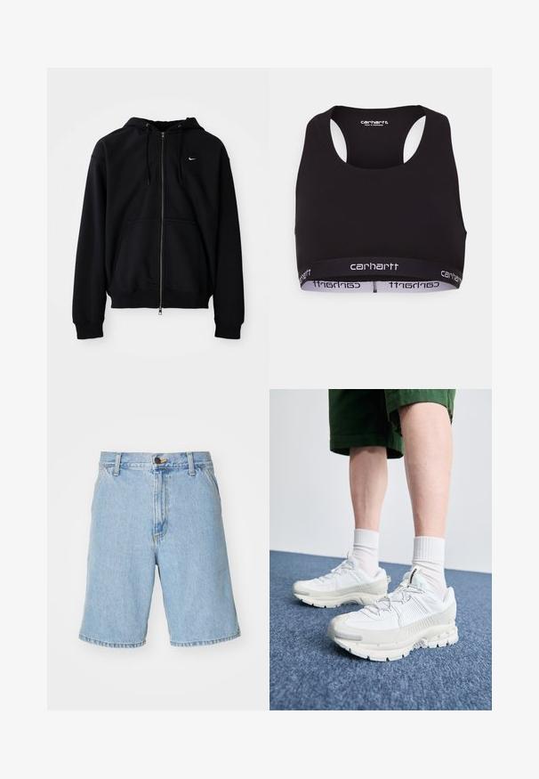 Melnas jaka ar rāvējslēdzēju, kas izgatavota no mīksta auduma, ar kapuci ar auklām, garām piedurknēm, priekšējo kangaroo kabatu un mazu baltu logotipu uz krūšu.; Melna sporta krūšturis ar apaļu kakla izgriezumu un sacensību aizmuguri. Iezīmēts ar pastiprinātu jostasvietu ar balto "carhartt" zīmolu. Mīksta auduma tekstūra.; Gai zili džinsa šorti ar brīvu piegriezumu, kuriem ir rāvējslēdzēja aizdare, pogu aizdare un četri kabatas. Audumam ir gluda tekstūra.; Baltas sporta apavi ar teksturētām detaļām, masīvu zoli un pelēkiem akcentiem. Valkāti ar baltiem zeķu pēdu apģērbiem un zaļām šortiem uz zilas virsmas.