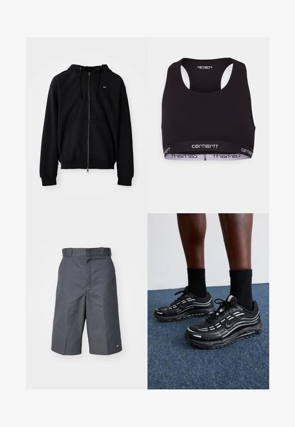 Svart glidelåshettegenser laget av myk stoff, med snorhette, lange ermer, frontlomme og liten hvit logo på brystet.; Svart sports BH med rund hals og racerback-design. Har et forsterket liv med hvit "carhartt" merkevare. Myk tekstur.; Grå shorts laget av slitesterkt materiale, med rett snitt, to sidelommer og en liten logo på baklommen.; Sorte Nike-sko har en mesh-overdel med aksentstriper, teksturert snøring og en svart gummisåle. Brukt med svarte ribbede sokker.