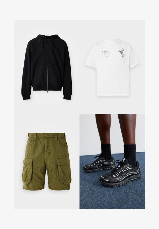 Juodas zip-up gobtuvėlis, pagamintas iš minkštos medžiagos, turintis raišteliu reguliuojamą gobtuvą, ilgomis rankovėmis, priekinę kengūros kišenę ir mažą baltą logotipą ant krūtinės.; Balta medvilninė marškinėlių su apvaliu kaklu ir trumpomis rankovėmis, ant kurios yra juodas grafikas sparnuoto figūros ir tekstas.; Olive spalvos džinsinio tipo šortai, pagaminti iš medvilnės mišinio. Savybės: dvi didelės šoninės kišenės ir mygtuko užsegimas su diržo kilpomis. Lygi textura.; Juodi Nike batai turi orui pralaidžią viršutinę dalį su akcento juostelėmis, tekstūruotais raišteliais ir juodu guminio pado. Dėvimi su juodais šonkauliniais sokais.