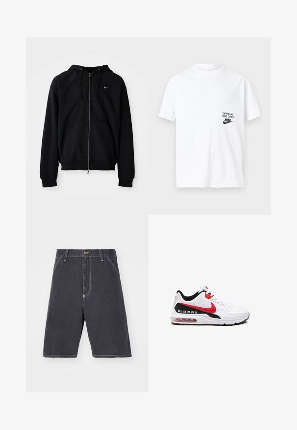 Černá mikina s kapucí na zip vyrobená z měkké tkaniny, s šňůrkovou kapucí, dlouhými rukávy, přední klokaní kapsou a malým bílým logem na hrudi.; Bílý bavlněný tričko s krátkým rukávem, se černým potiskem, který říká "JEN PRO OFICIÁLNÍ POUŽITÍ" spolu s logem Nike na levé straně.; Tmavě šedé džíny šortky s uvolněným střihem, s knoflíkovým zapínáním, poutky na opasek a jemným bílým prošíváním. Bez viditelných kapes.; Bílé sportovní boty s černými a červenými akcenty, s hladkým koženým svrškem, šněrováním v přední části a viditelným vzduchovým polstrováním v podrážce.