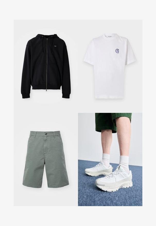 Hanorac negru cu fermoar, realizat dintr-un material moale, având glugă cu șnur, mâneci lungi, buzunar frontal tip cangur și un mic logo alb pe piept.; Tricou alb din bumbac, cu mâneci scurte, guler rotund și un mic logo brodat albastru "C" pe partea stângă a pieptului.; Șorturi din bumbac de culoare verde deschis, cu închidere cu buton, bucle pentru curea și buzunare laterale. Prezintă o croială dreaptă și o textură ușoară.; Pantofi sport albi cu suprapuneri texturate, talpă masivă și accente gri. Purtați cu șosete albe până la glezne și pantaloni scurți verzi pe o suprafață albastră.