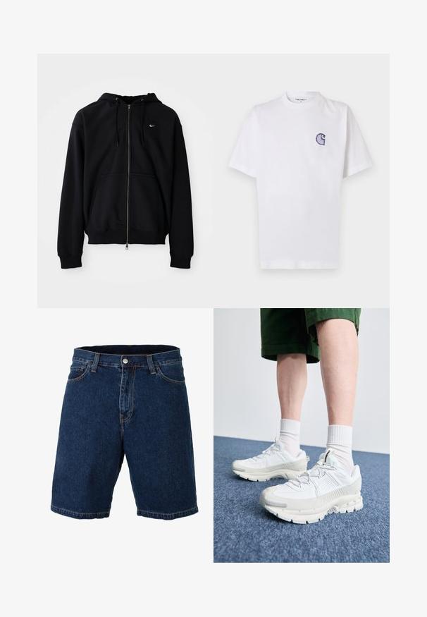 Juodas zip-up gobtuvėlis, pagamintas iš minkštos medžiagos, turintis raišteliu reguliuojamą gobtuvą, ilgomis rankovėmis, priekinę kengūros kišenę ir mažą baltą logotipą ant krūtinės.; Baltas medvilninis marškinėlis trumpomis rankovėmis, apvalia iškirpte ir mažu siuvinėtu mėlynu „C“ logotipu kairėje krūtinės pusėje.; Tamsiai mėlynos džinsinės šortai su tiesiu kirpimu, įprastu juosmeniu ir metaliniu uždarymu; turi kontrastingus geltonus siūlus ir apvadą.; Baltos sportinės bateliai su tekstūruotais uždengimais, masyviu padu ir pilkais akcentais. Dėvimi su baltais trumpais kojiniais ir žaliais šortais mėlyname paviršiuje.