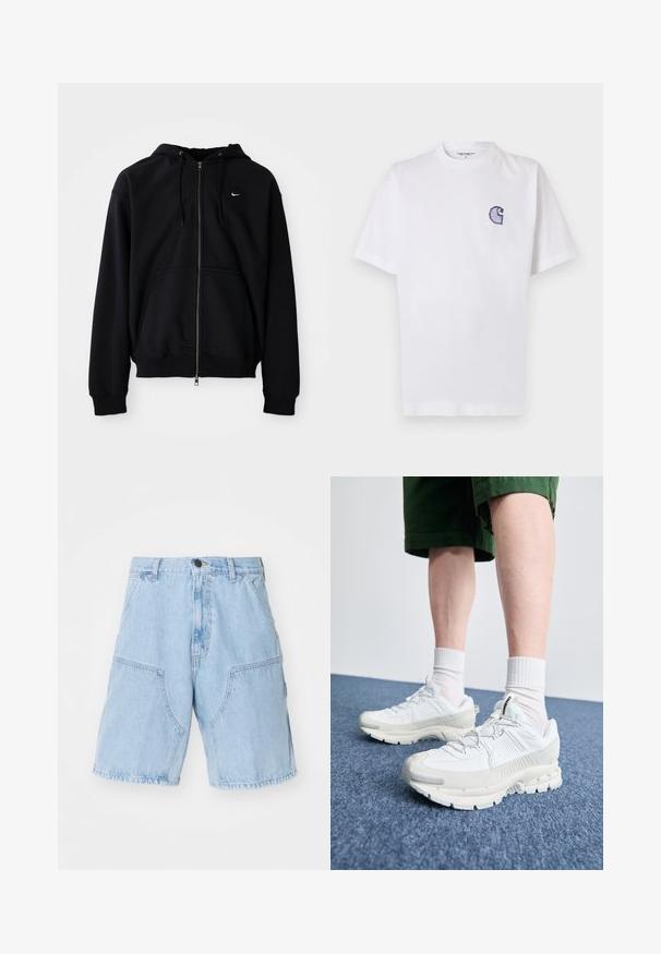 Fekete cipzáros kapucnis pulóver puha anyagból, húzózsinórral ellátott kapucnival, hosszú ujjakkal, elülső kenguru zsebbel és kis fehér logóval a mellkason.; Fehér pamut póló rövid ujjakkal, kerek nyakkivágással és egy kis, hímzett kék "C" logóval a bal mellrészen.; Világoskék farmernadrág rövidnadrág, laza szabással, két nagy elülső zsebbel és gombos záródással a deréknál.; Fehér sportcipők texturált burkolattal, vastag talppal és szürke részletekkel. Fehér sportzoknival és zöld rövidnadrággal viselve, kék felületen.