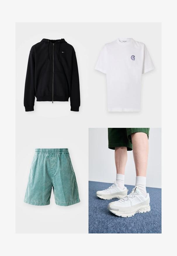 Sudadera con cremallera negra, hecha de una tela suave, que cuenta con capucha con cordón, mangas largas, bolsillo tipo canguro en la parte frontal y un pequeño logo blanco en el pecho.; Camiseta blanca de algodón con mangas cortas, cuello redondo y un pequeño logo azul bordado en forma de "C" en el área del pecho izquierdo.; Pantalones cortos de pana turquesa con cintura elástica, que cuentan con bolsillos laterales y un corte recto. Tejido texturizado con estrías visibles.; Zapatillas deportivas blancas con superposiciones texturizadas, una suela gruesa y acentos grises. Llevadas con calcetines blancos hasta la pantorrilla y pantalones cortos verdes sobre una superficie azul.