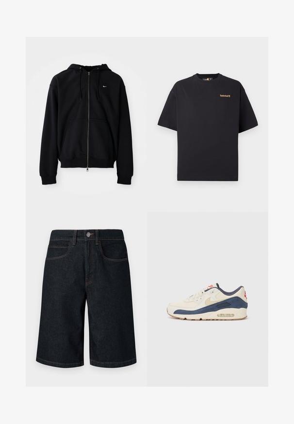 Musta vetoketjullinen huppari, joka on valmistettu pehmeästä kankaasta. Siinä on kiristettävä huppu, pitkät hihat, etu kangaroo-tasku ja pieni valkoinen logo rinnassa.; Mustavalkoinen lyhythihainen Timberland T-paita, jossa on pieni vaaleanruskea logo vasemmassa ylärinnassa, esillä valkoista taustaa vasten.; Tummat farkkushortsit suoran leikkauksen omaavat, joissa on viisi taskua, oranssia tikkausta ja metallinen nappisulku vyötäröllä.; Tennarit, joissa on kermanvärinen nahka ja merimiessininen mokka päällinen, näkyvällä ilmasoolalla, beige kumipohja ja punainen yksityiskohta kantapäässä.