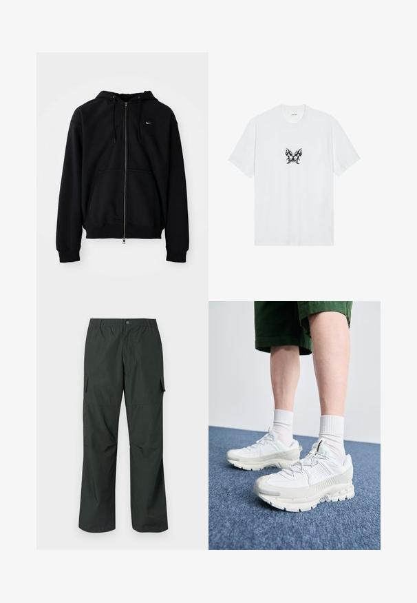 Fekete cipzáros kapucnis pulóver puha anyagból, húzózsinórral ellátott kapucnival, hosszú ujjakkal, elülső kenguru zsebbel és kis fehér logóval a mellkason.; Fehér pamut póló rövid ujjakkal és kerek nyakkivágással. Középen fekete lángmintás lepke grafika található. Sima textúra.; Sötétzöld cargo nadrág, laza szabású, elasztikus derékkal, varrt zsebekkel és sima, könnyű szövettextúrával.; Fehér sportcipők texturált burkolattal, vastag talppal és szürke részletekkel. Fehér sportzoknival és zöld rövidnadrággal viselve, kék felületen.