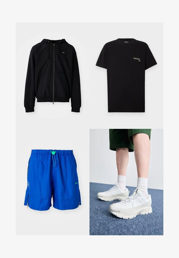 Black zip-up hoodie made of soft fabric, featuring a drawstring hood, long sleeves, front kangaroo pocket, and small white logo on the chest.; Black cotton T-shirt with short sleeves, round neckline, and a small white logo printed on the left chest area.; Blue athletic swim shorts with elastic waistband and adjustable drawstring. Features zipper pockets and a logo accent on the front.; White athletic shoes with textured overlays, a chunky sole, and gray accents. Worn with white crew socks and green shorts on a blue surface.