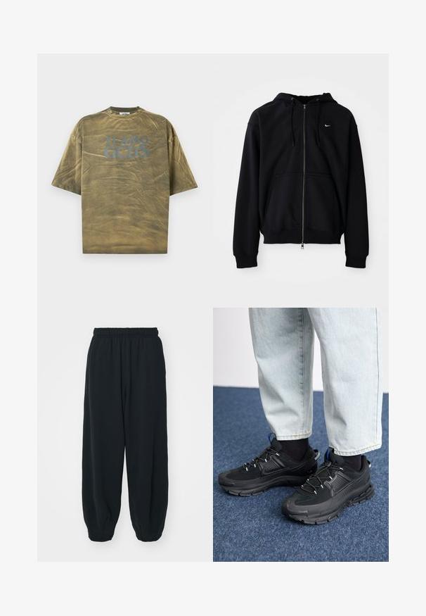 Zwarte zip-up hoodie van zachte stof, met een trekkoordcapuchon, lange mouwen, een voorste kangoeroezak en een klein wit logo op de borst.; Olijfgroene t-shirt met korte mouwen en een ronde halslijn, met de tekst "TI AMO GCDS" in vet blauw op de voorkant, van een gladde katoenstof.; Zwarte, elastiche sweatpants met een losse pasvorm, manchetten aan de enkels, een zachte textuur en zonder zichtbare patronen of hardwareaccenten.; Zwarte sportschoenen met gestructureerde stof en rubberen zolen, met elastische veters en een blauwe accent op de hiel. Draag samen met lichte spijkerbroeken.