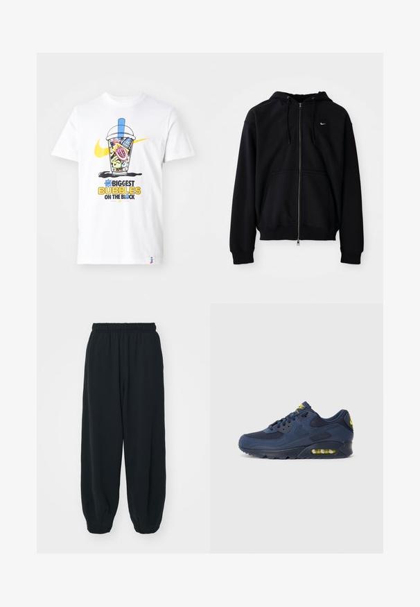 Črna zip-up kapuca izdelana iz mehkega materiala, ki ima kapuco z vrvico, dolge rokave, sprednji kenguru žep in majhen bel logo na prsih.; Bela bomba majica iz bombaža s pisanom grafiko skodelice za pijačo in akcenti žvečilnega gumija ter napisom "Največje mehurčke v soseski."; Črne, elastične hlače za prosti čas z ohlapnim krojem, manšetami na gležnjih, gladko teksturo in brez vidnih vzorcev ali dodatkov.; Temno modri Nike Air Max športni copati z zgornjim delom iz usnja in mrežaste tkanine, z rumenimi poudarki, vezanjem spredaj in vidnim zračnim blaženjem v podplatu.