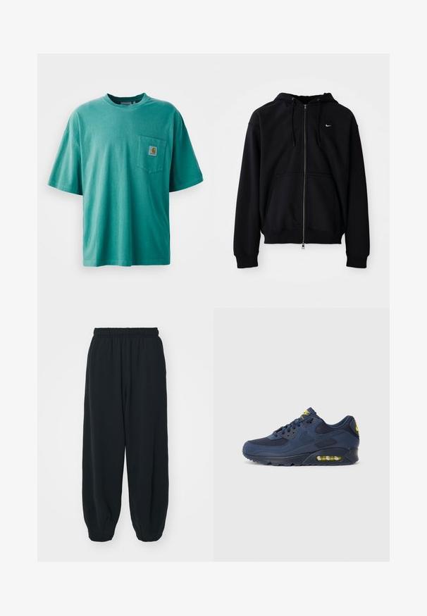 Černá mikina s kapucí na zip vyrobená z měkké tkaniny, s šňůrkovou kapucí, dlouhými rukávy, přední klokaní kapsou a malým bílým logem na hrudi.; Zelené bavlněné tričko s kulatým výstřihem, krátkými rukávy a přední kapsou s nášivkou loga. Měkká textura a volný střih.; Černé teplákové kalhoty s elastickým pasem, volným střihem, manžetami na kotnících, hladkým povrchem a bez viditelných vzorů či kovových detailů.; Tmavě modré tenisky Nike Air Max se svrškem z semiše a síťoviny, s žlutými akcenty, šněrováním vpředu a viditelným vzduchovým polstrováním v podrážce.