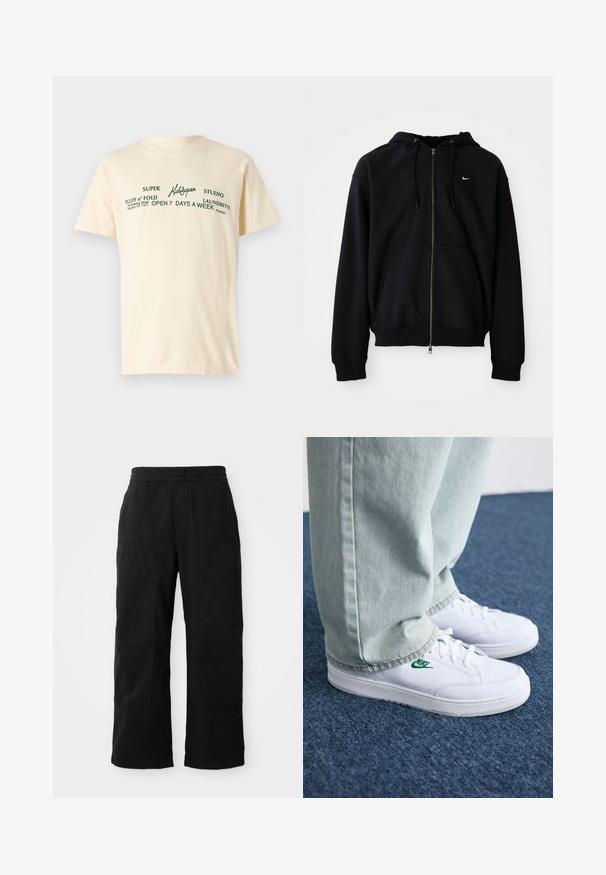 Sudadera con cremallera negra, hecha de una tela suave, que cuenta con capucha con cordón, mangas largas, bolsillo tipo canguro en la parte frontal y un pequeño logo blanco en el pecho.; Camiseta de algodón color crema con mangas cortas que presenta texto verde que dice "KidSuper", "Super Fluff n' Fold" y detalles de lavandería.; Pantalones de algodón negros con una cinturilla elástica, diseño de pierna ancha y grandes bolsillos laterales. La tela parece suave con una textura lisa.; Zapatillas de cuero blanco con logo de Nike verde, puntera redonda, suela plana, combinadas con pantalones de mezclilla azul claro, sobre una alfombra azul.