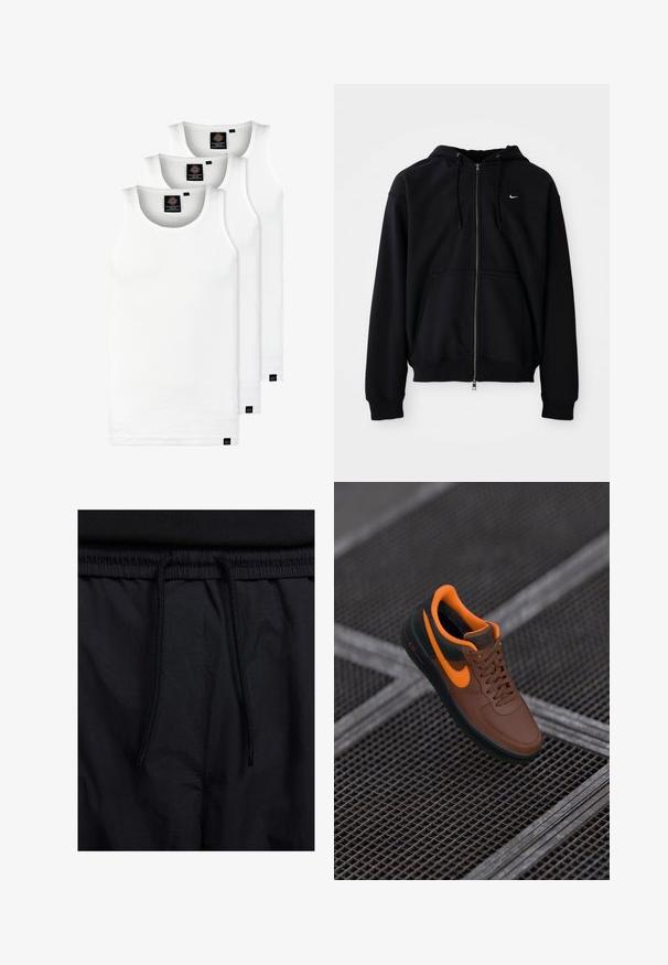 Hoodie preto com fecho éclair, feito de tecido macio, com capuz ajustável, mangas longas, bolso canguru na frente e pequeno logotipo branco no peito.; Três tops em algodão de alças brancas com nervuras. Apresentam um decote redondo e pequenas etiquetas pretas perto da bainha. Disponíveis em vários tamanhos.; Calções pretos com um cós elástico ajustável, fabricados em tecido leve com uma textura suave e um design simples, sem logótipos ou padrões visíveis.; Sneaker de couro castanho com detalhes em laranja, bico redondo, design com atacadores e superfície texturizada. Sola de borracha verde com a marca "AIR" visível.
