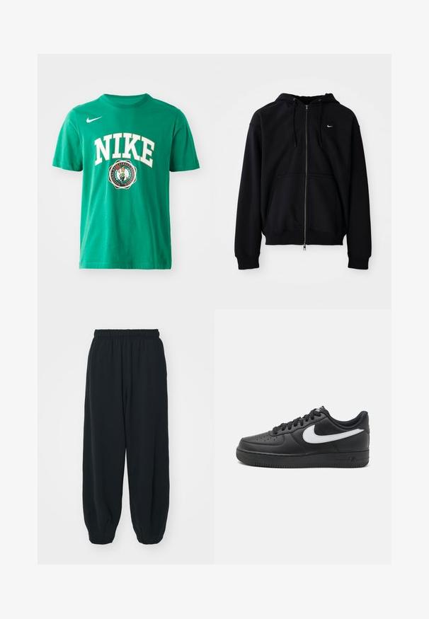 Czarna bluza z kapturem na zamek, wykonana z miękkiego materiału, z kapturem na sznurku, długimi rękawami, przednią kieszenią typu kangur oraz małym białym logo na piersi.; Zielona bawełniana koszulka z dużym białym logo "NIKE" i grafiką Boston Celtics. Okrągły dekolt, krótkie rękawy, standardowy krój, gładka struktura.; Czarne dresy z elastycznym pasem, luźny krój, ściśnięte nogawki, gładka tekstura, bez widocznych wzorów lub ozdób.; Czarne sneakersy Nike Air Force 1 z gładką skórzaną cholewką, białym akcentem logo, perforowanymi palcami oraz teksturowaną gumową podeszwą.